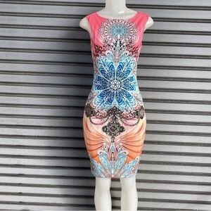 Elegant Pink and Blue Patterned Midi Dress Size M